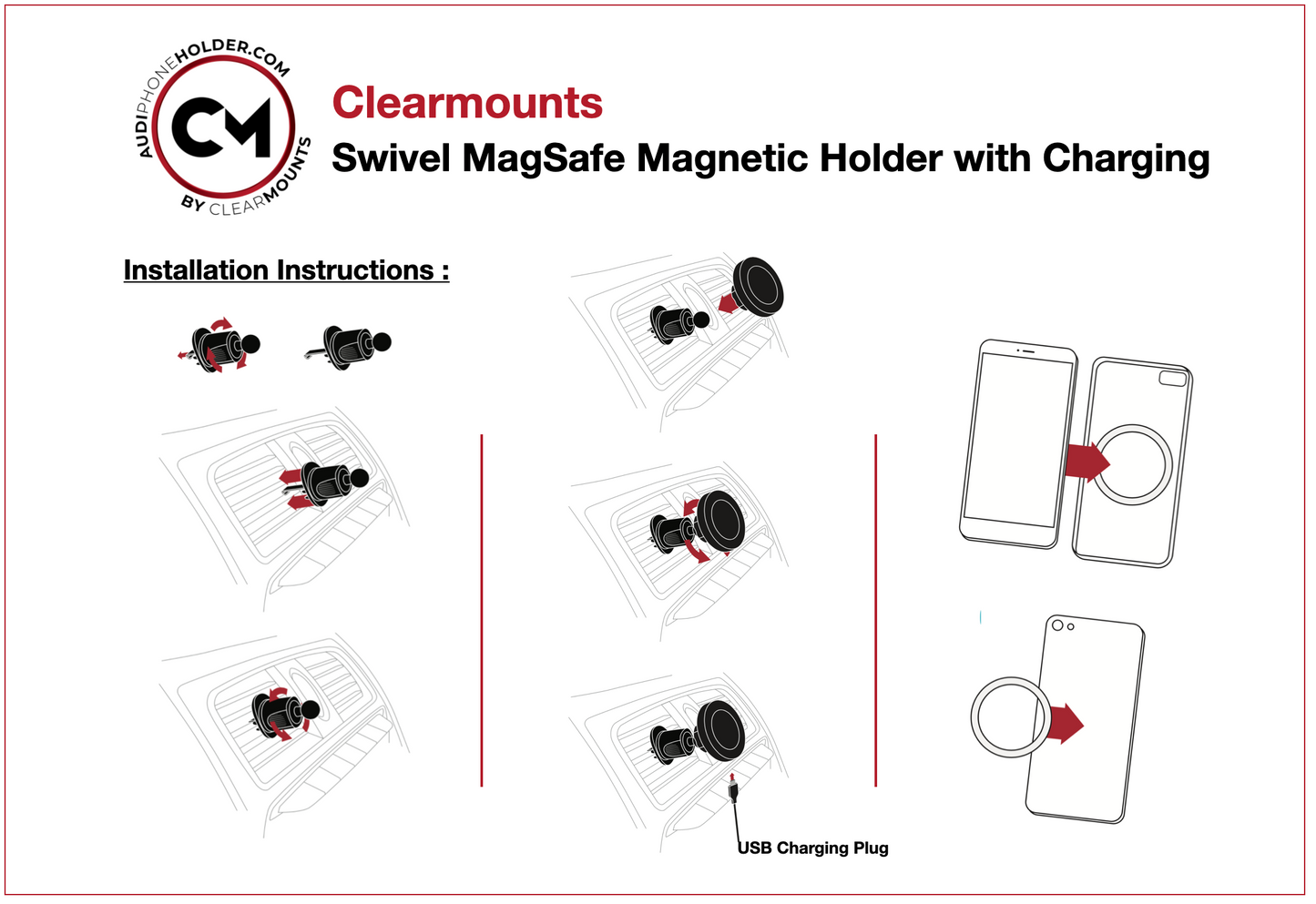 Support de chargement sans fil MagSafe pivotant et universel pour grille d'aération Clearmounts