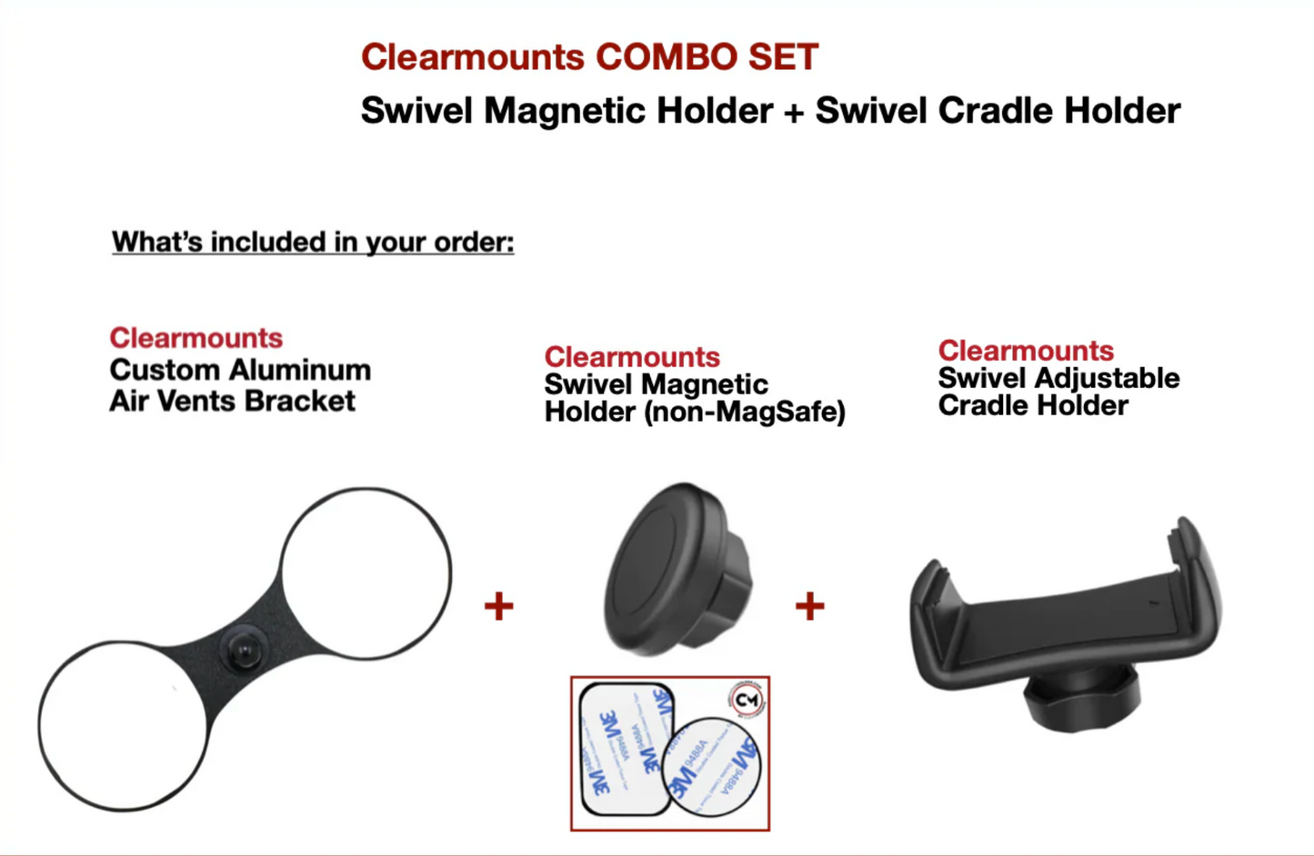 Audi Q2|SQ2 YR2017-Present: Clearmounts Bracket + Swivel Magnetic Holder (Non-MagSafe) + Swivel Cradle Holder COMBO SET