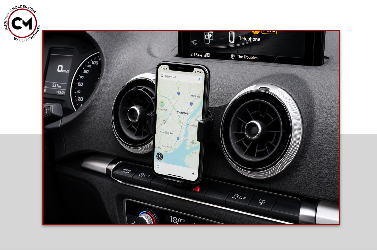 Audi Q2|SQ2 YR2017-Present: Clearmounts Bracket + Swivel Magnetic Holder (Non-MagSafe) + Swivel Cradle Holder COMBO SET