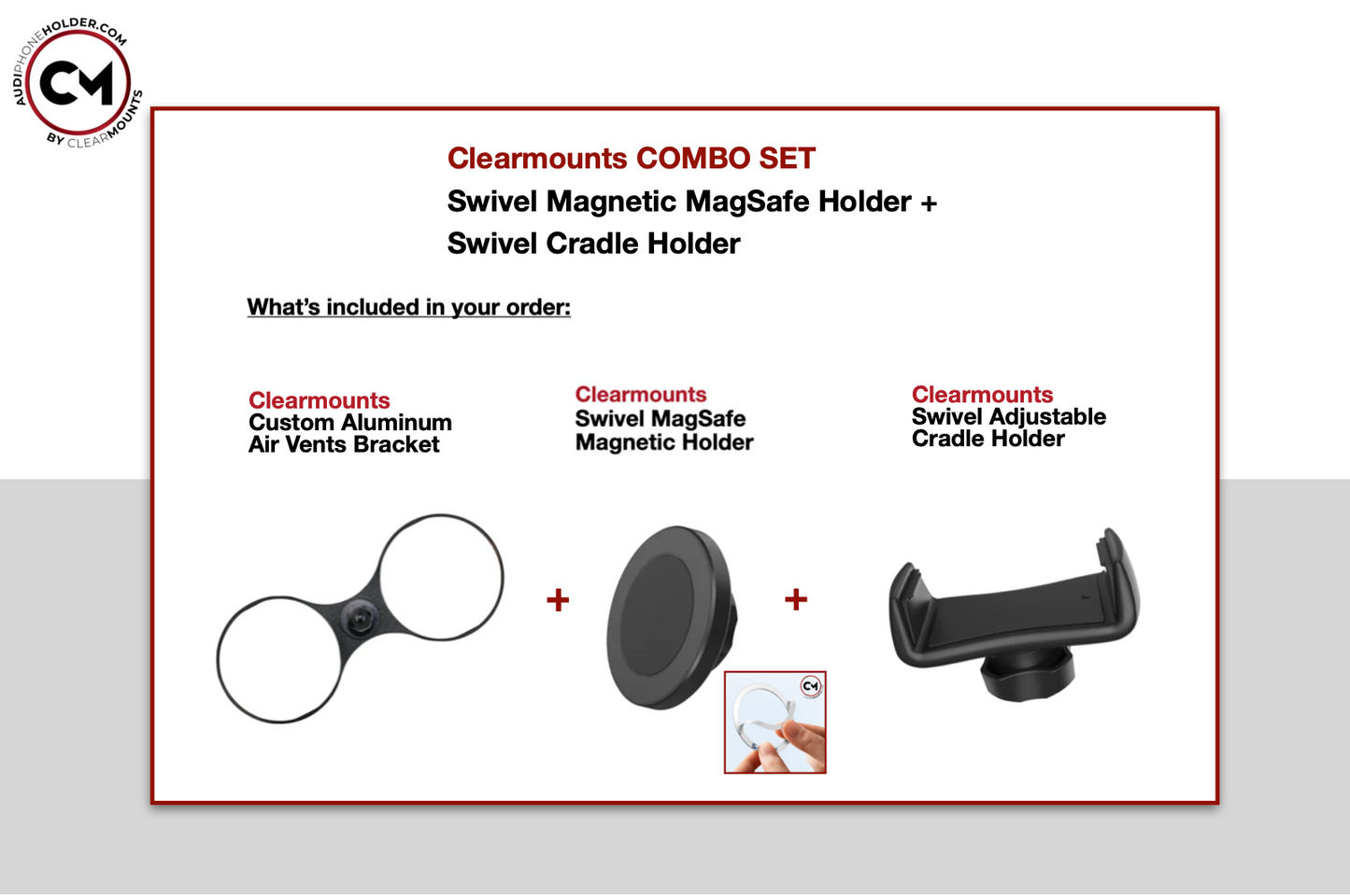Audi TT (MK1) YR1999-2006: Clearmounts Bracket + Swivel MagSafe Magnetic Holder (Non-Charging) + Swivel Cradle Holder COMBO SET