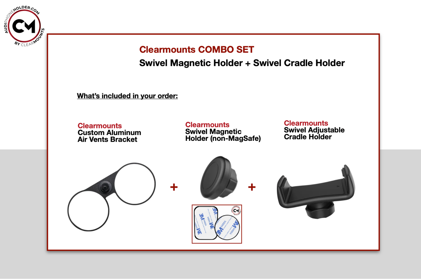 Audi TT (MK2) YR2007-2014: Clearmounts Bracket + Swivel Magnetic Holder (Non-MagSafe ) + Swivel Cradle Holder COMBO SET