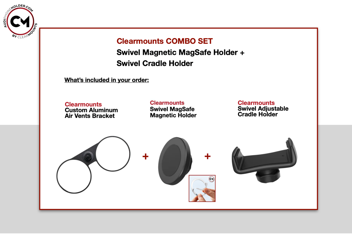 Audi TT (MK2) YR2007-2014: Clearmounts Bracket + Swivel MagSafe Holder (Non-Charging) + Swivel Cradle Holder COMBO SET