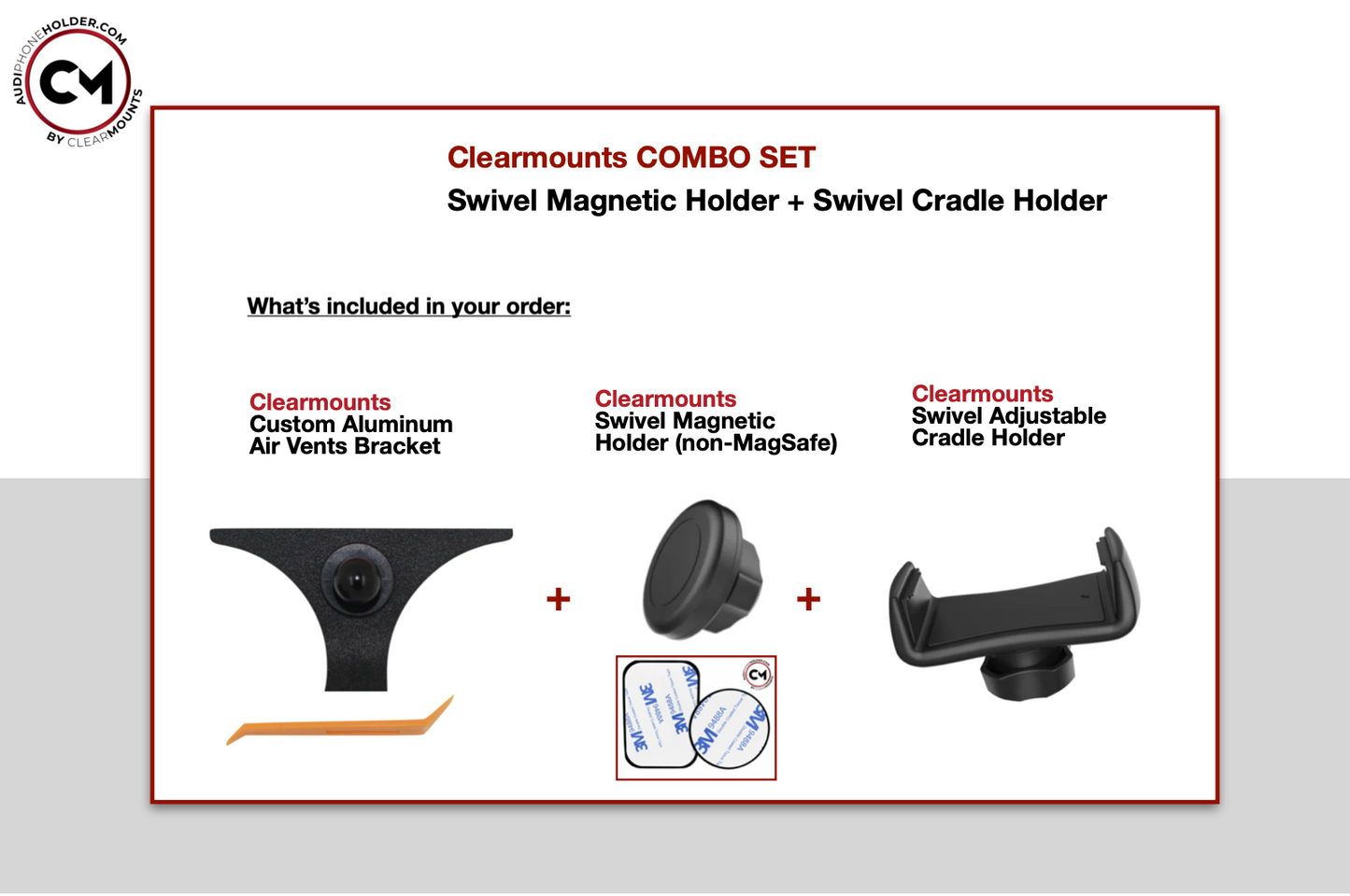 Audi TT (MK3) YR2015-Present: Clearmounts Bracket + Swivel Magnetic Holder (Non-MagSafe) + Swivel Cradle Holder COMBO SET